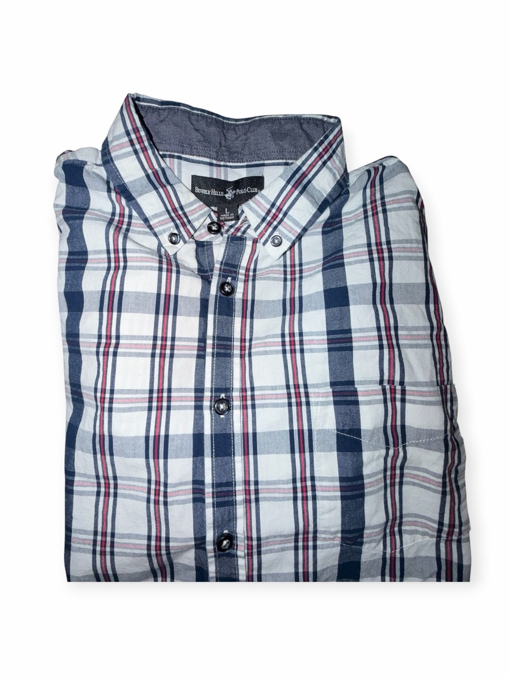 Large Beverly Hills Men’s Polo Club Navy, White & Red Plaid Button-Down Shirt